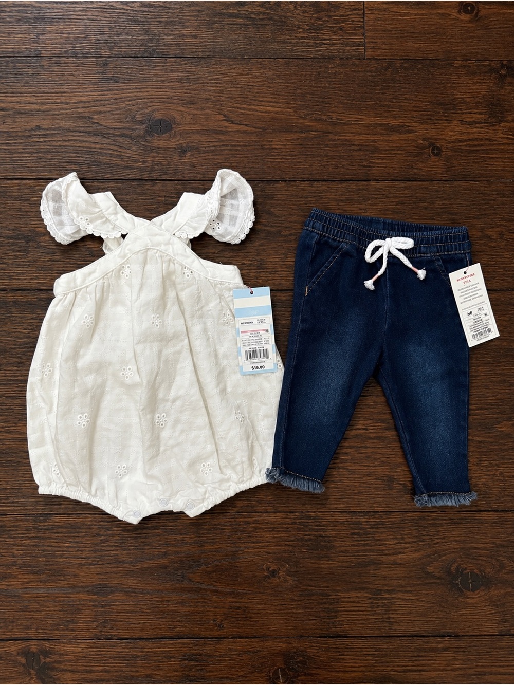 Cat & Jack White Eyelet Bubble Romper with Navy Knit Denim Joggers